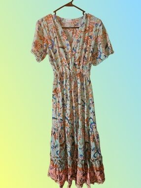 R. Vioimos Floral Tiered V-Neck Maxi Dress - Pastel Green